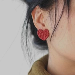 Polymer Clay Knit Heart Studs - Burnt Red